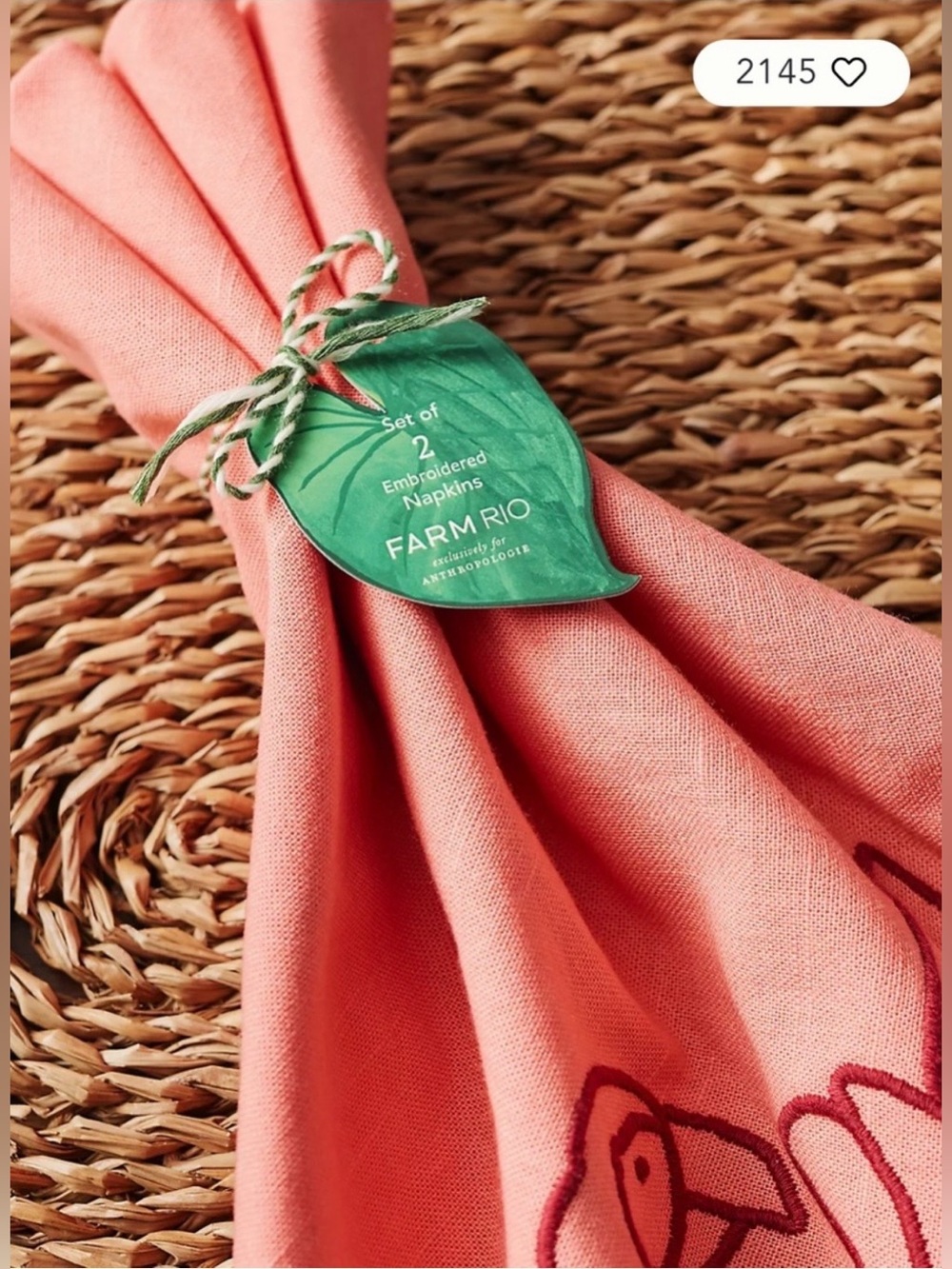 Farm Rio x Anthropologie Embroidered Napkin,
Set of 2, Coral